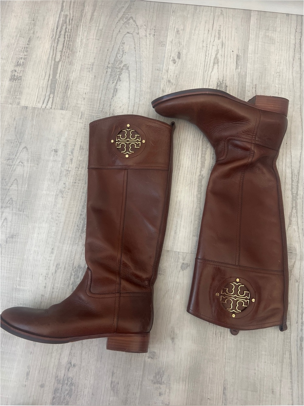 Tory Burch Kieran Brown Leather Tall Riding Boots with Gold Logo